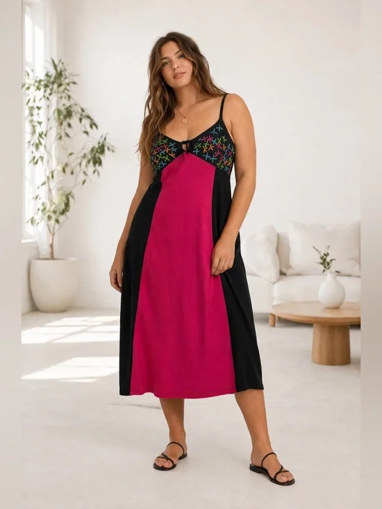 Leopards & Roses Red Sleeveless Midi Hippie Dress Pink Floral Boho Cotton 1X New - Picture 1 of 16